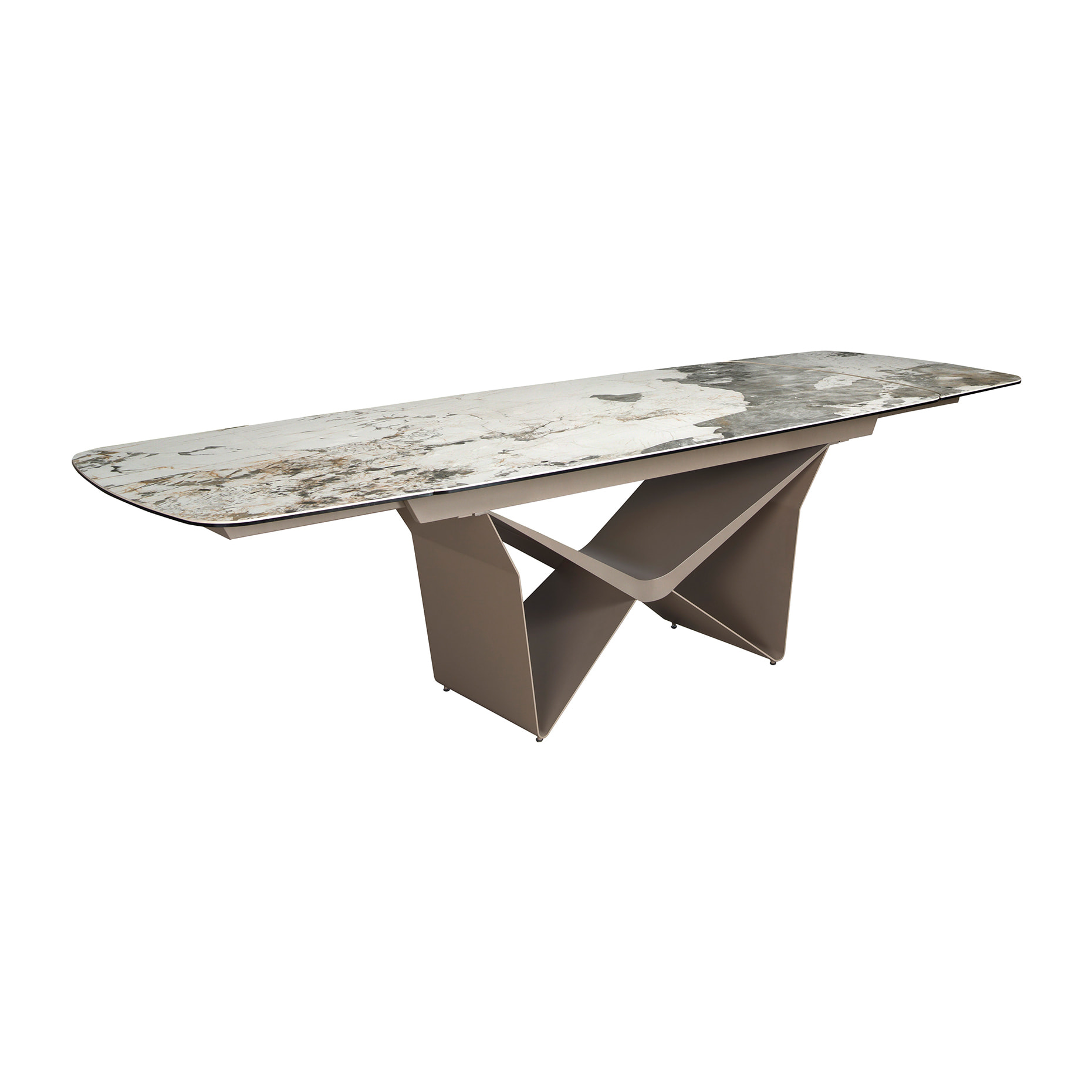 Mesa comedor extensible ovalada barril con tapa de mármol porcelánico blanco con vetas en tonalidades grises y marrones en acabado mate 200x100x76cm