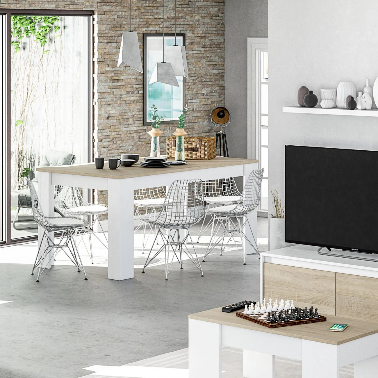 Mesa de comedor extensible Kendra 140 Blanco Artik (Blanco Mate) - Roble Canadian