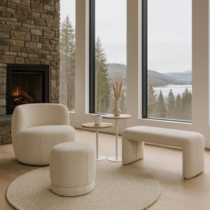 Pouf en tissu bouclette beige et structure en bois  MALO