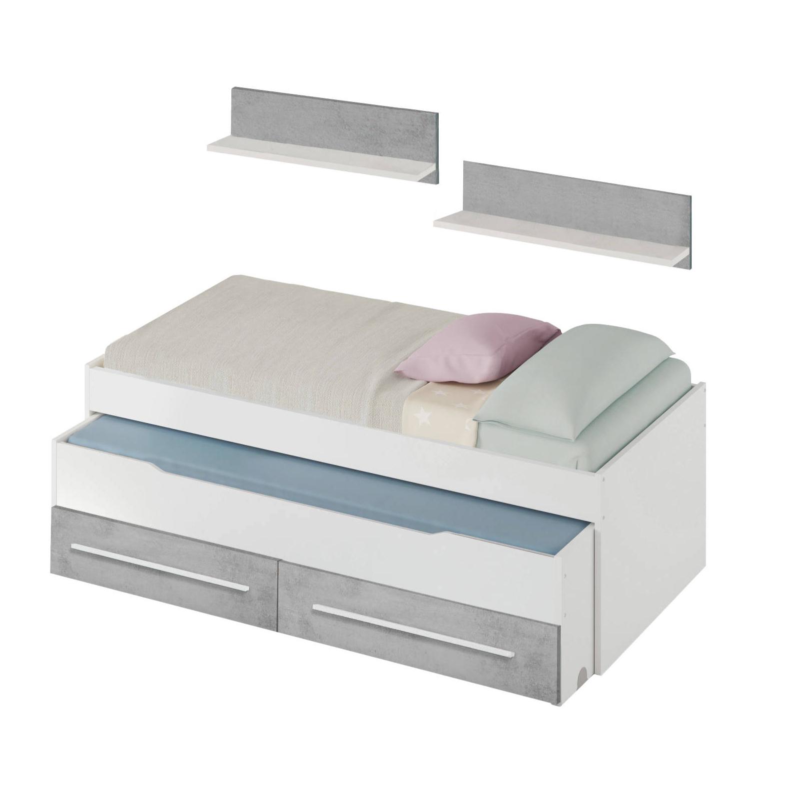 Letto singolo Fairfield, Struttura letto per cameretta, Letto singolo con lettino estraibile e 2 cassetti e mensola, cm 199x96h65, Bianco e Cemento