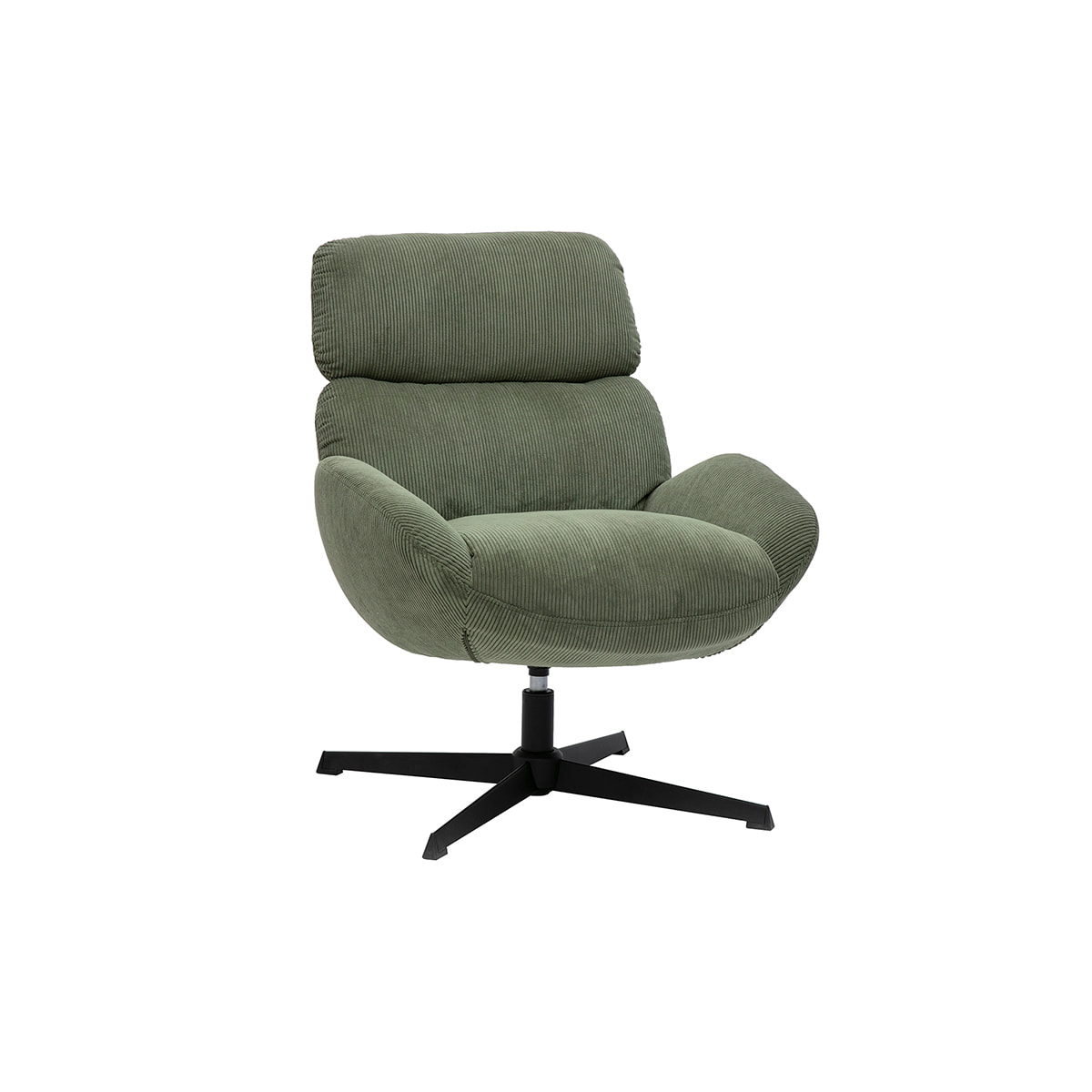 Fauteuil pivotant en tissu velours côtelé vert kaki et métal noir KLEM