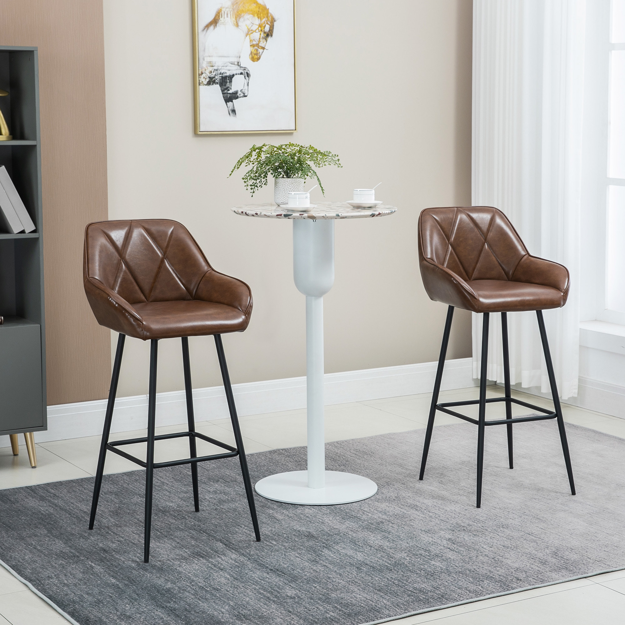 HOMCOM Juego de 2 Taburetes Altos de Cocina Taburetes de Bar Tapizado en PU con Respaldo Alto Patas de Acero y Reposapiés para Comedor Carga 120 kg 50x47,5x102,5 cm Marrón