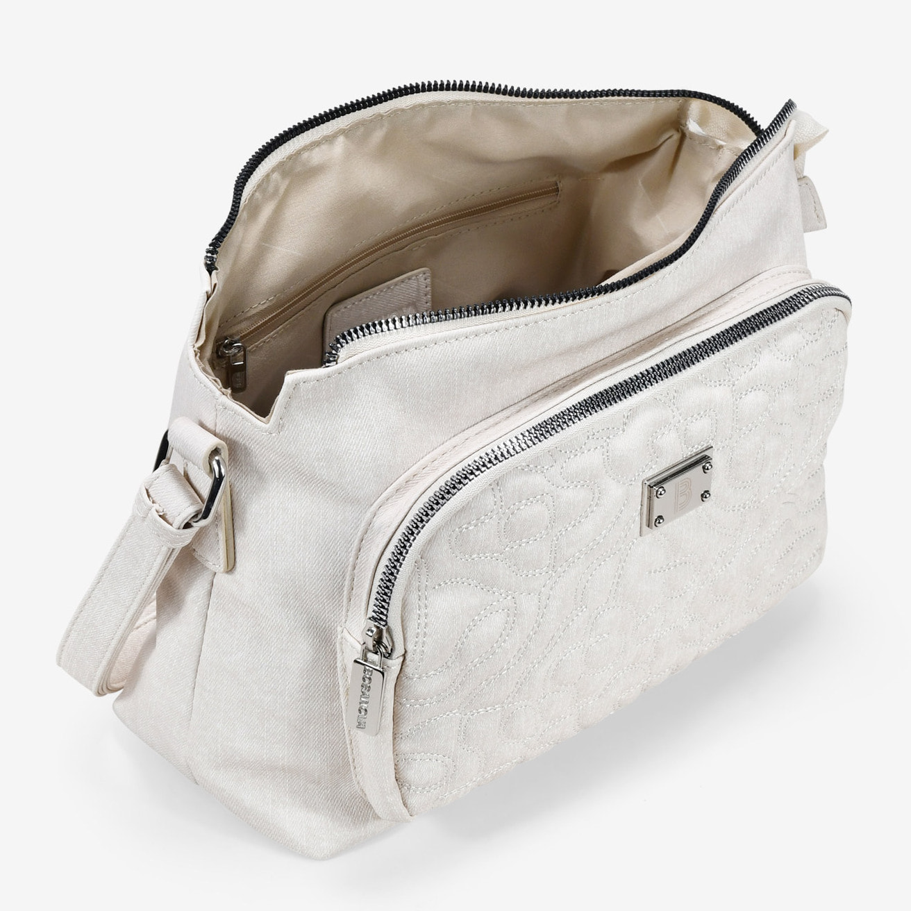 Bolso bandolera beige con cosidos y cremallera