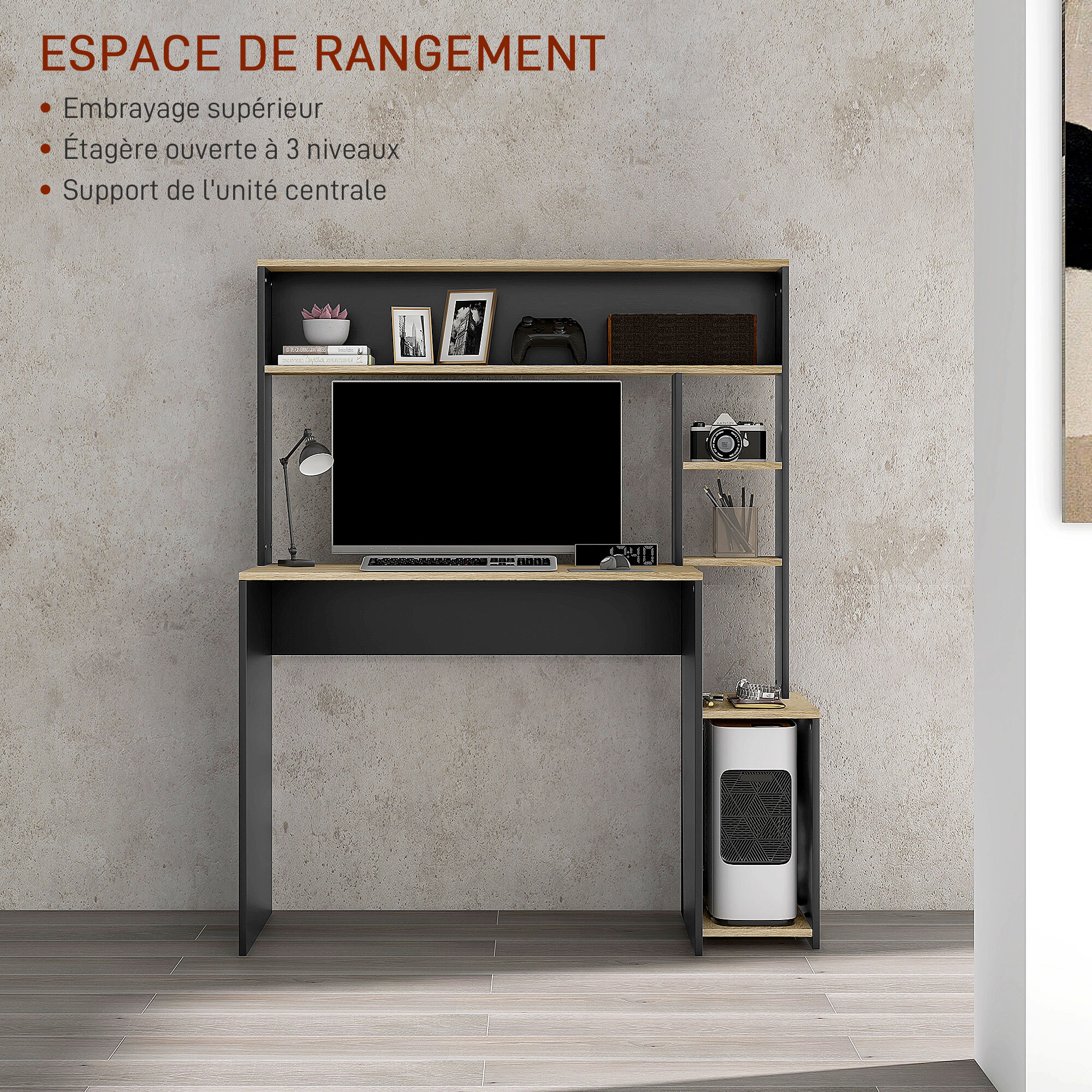 Bureau multi-rangement 5 étagères dim. 114L x 45l x 138H cm gris aspect chêne clair