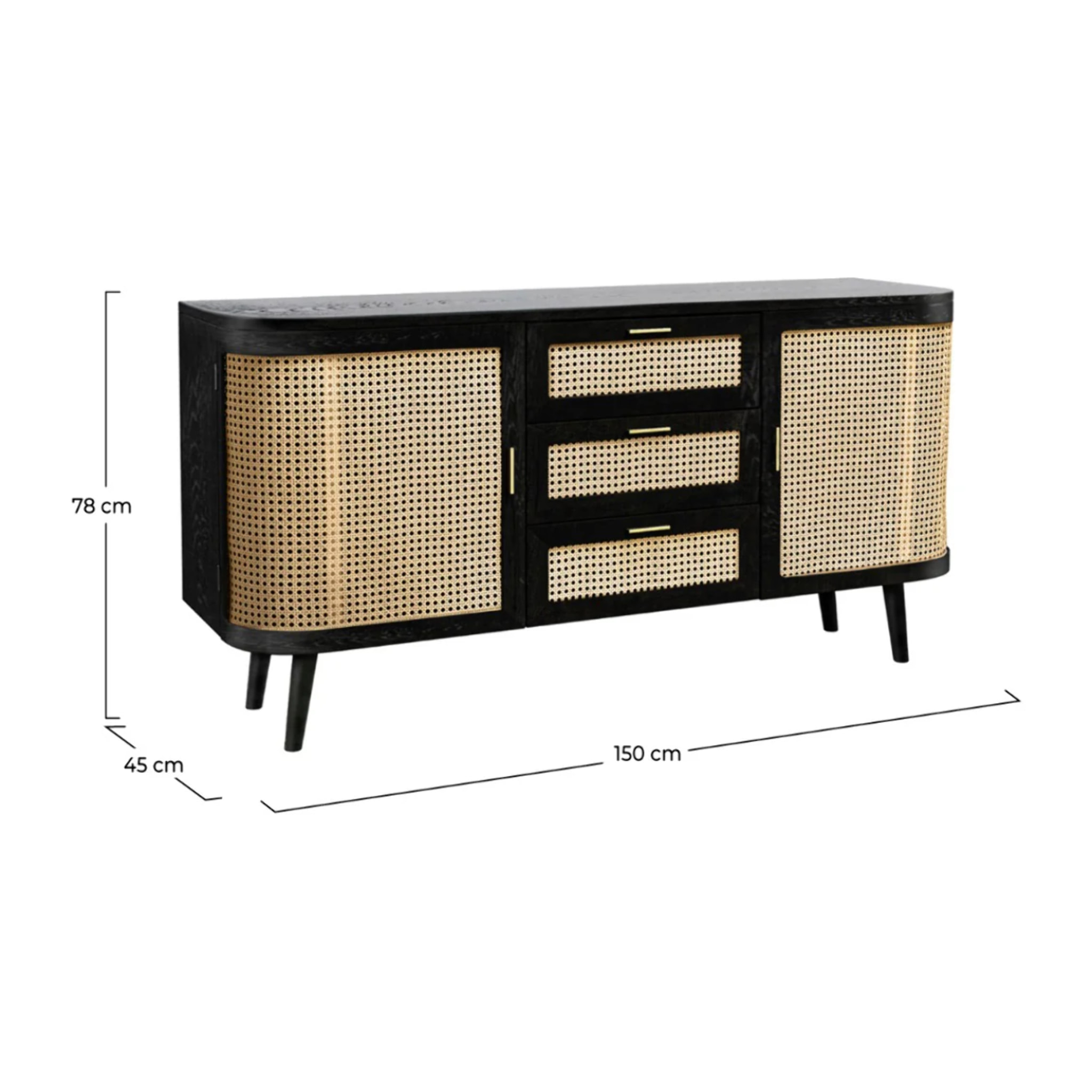 Buffet noir 2 portes 3 tiroirs en bois de manguier et cannage - Wendy