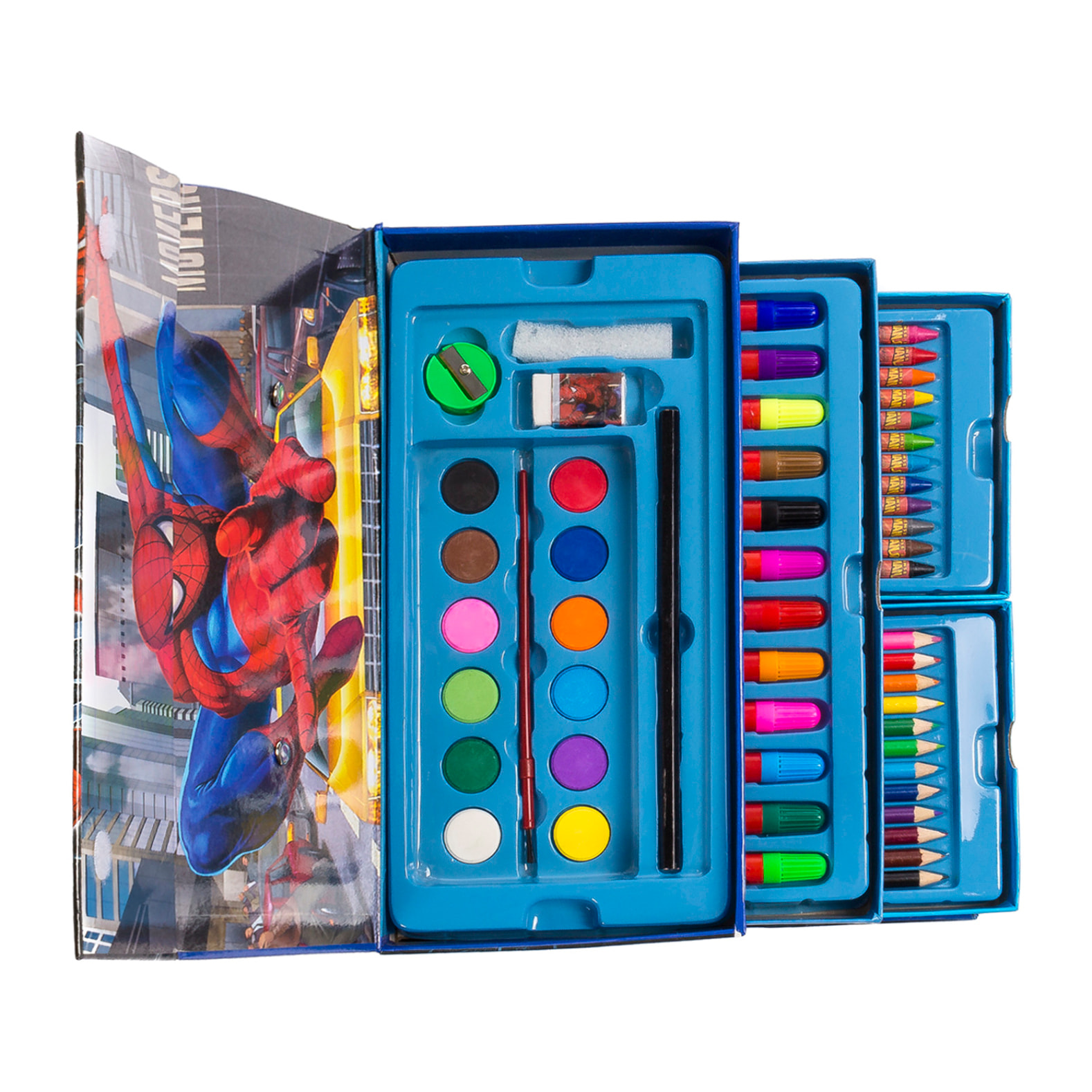 Set de pintura en maletín con cajones, 54 piezas diseño Spiderman. Incluye lápices, acuarelas, rotuladores, ceras y accesorios.