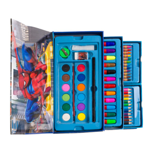 Set de pintura en maletín con cajones, 54 piezas diseño Spiderman. Incluye lápices, acuarelas, rotuladores, ceras y accesorios.