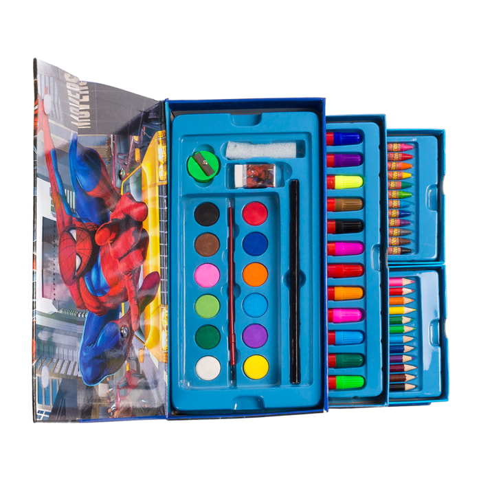 Set de pintura en maletín con cajones, 54 piezas diseño Spiderman. Incluye lápices, acuarelas, rotuladores, ceras y accesorios.