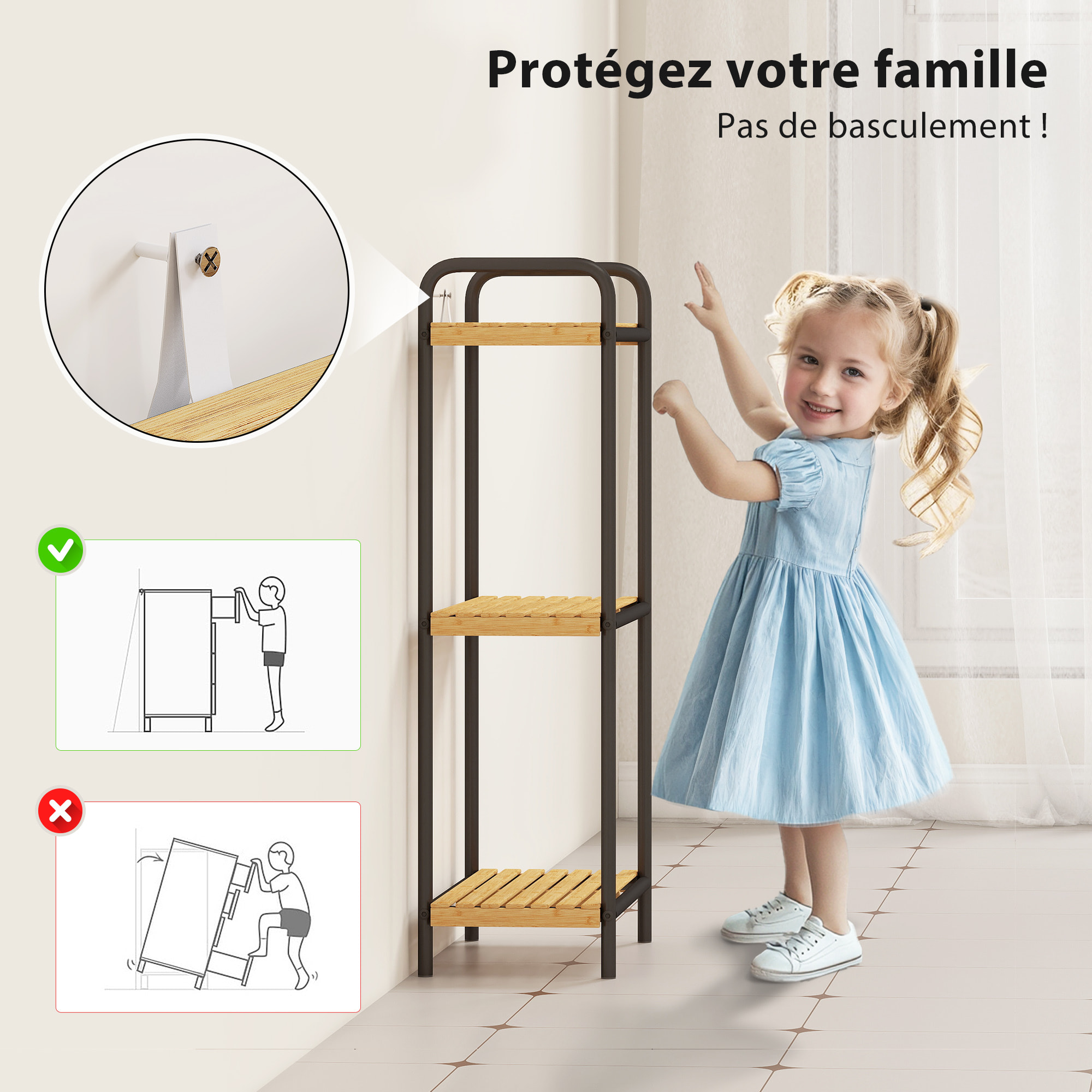 Étagère salle de bain bambou, 3 niveaux, étagère de rangement étroite autoportante cadre en acier pour salon, salle à manger, balcon, cuisine, 41,5 x 21,5 x 77,5 cm, noir et effet bois naturel