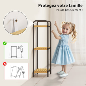 Étagère salle de bain bambou, 3 niveaux, étagère de rangement étroite autoportante cadre en acier pour salon, salle à manger, balcon, cuisine, 41,5 x 21,5 x 77,5 cm, noir et effet bois naturel