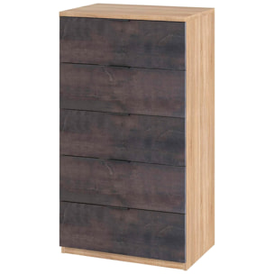 Comò Alto 5 Cassetti Sinfonier Stile Industriale Comodino Mobile Contenitore Salvaspazio Moderno Camera Da Letto 110 x 60 x 40 Cm Rovere E Ossido