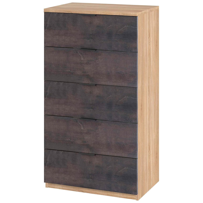 Comò Alto 5 Cassetti Sinfonier Stile Industriale Comodino Mobile Contenitore Salvaspazio Moderno Camera Da Letto 110 x 60 x 40 Cm Rovere E Ossido