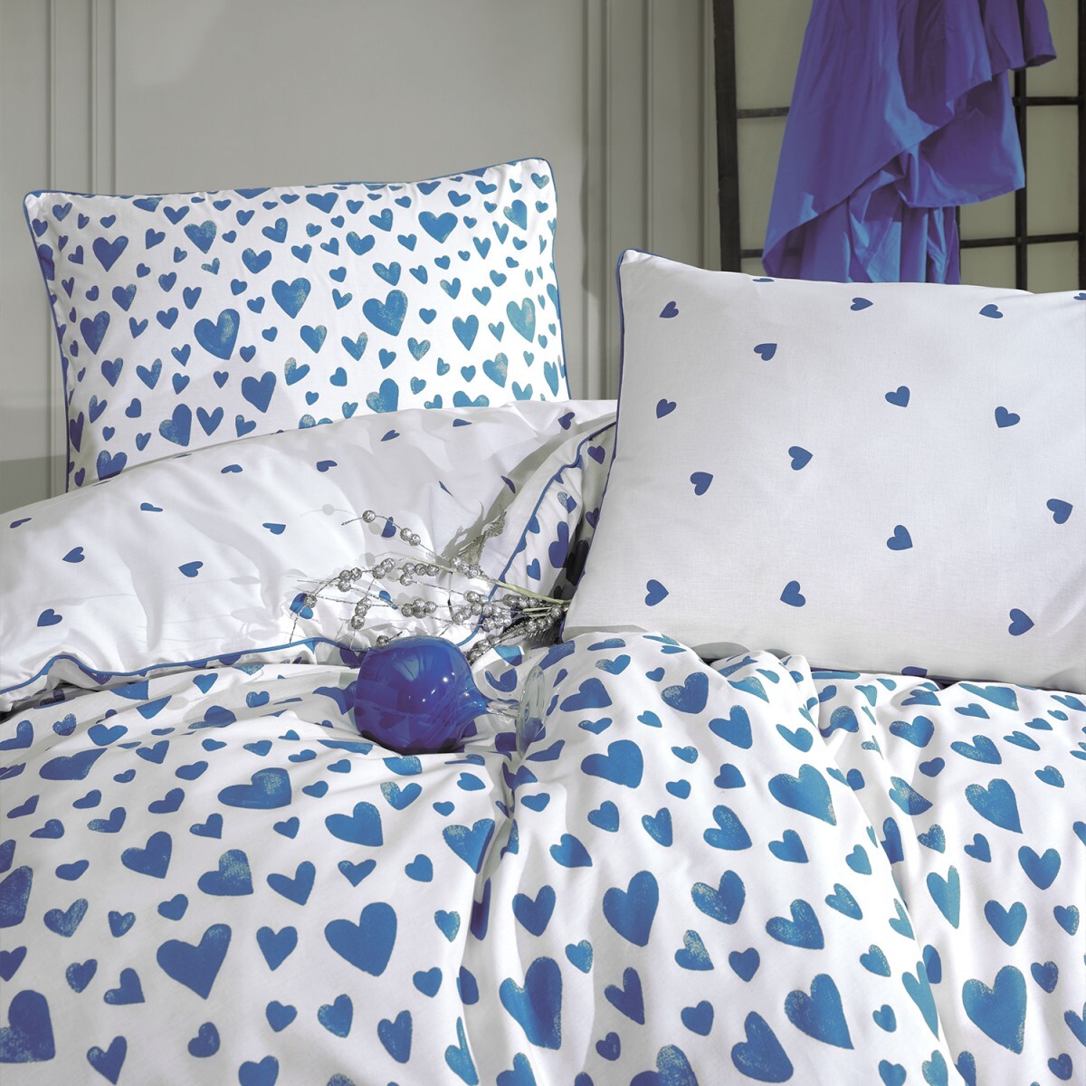 Parure de lit 100% Coton imprimé "Amour Bleu "