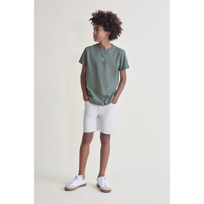 Camiseta de Manga Corta Lisa con Pequeno Logo Vintage Bordado en el Centro del Pecho | Color: Verde medio | Street Monkey