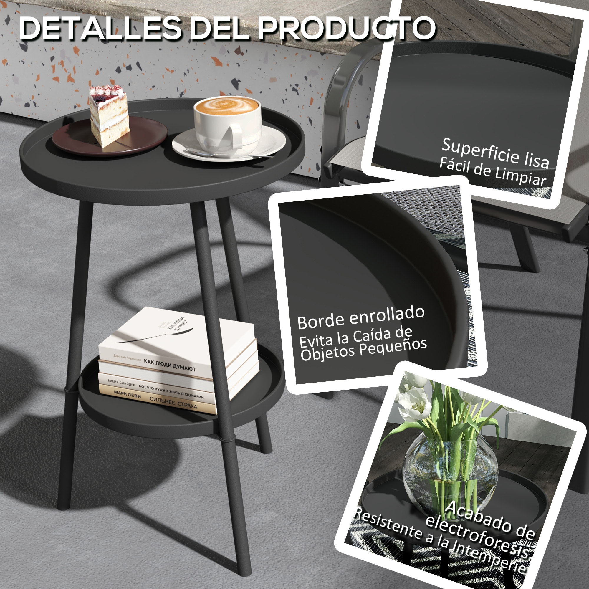 Mesa de Jardín Redonda de 2 Niveles Mesa de Terraza Exterior Ø32x51 cm con Bandeja Inferior y Estructura de Metal para Exterior e Interior Negro