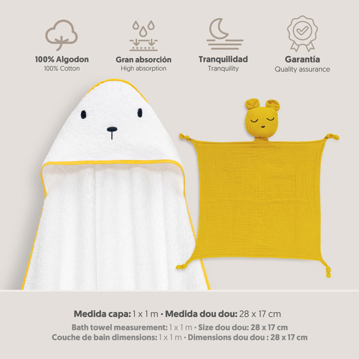 Capa Baño 1X1 Mod Oso+Dudu Muselina Bco/Amarillo
