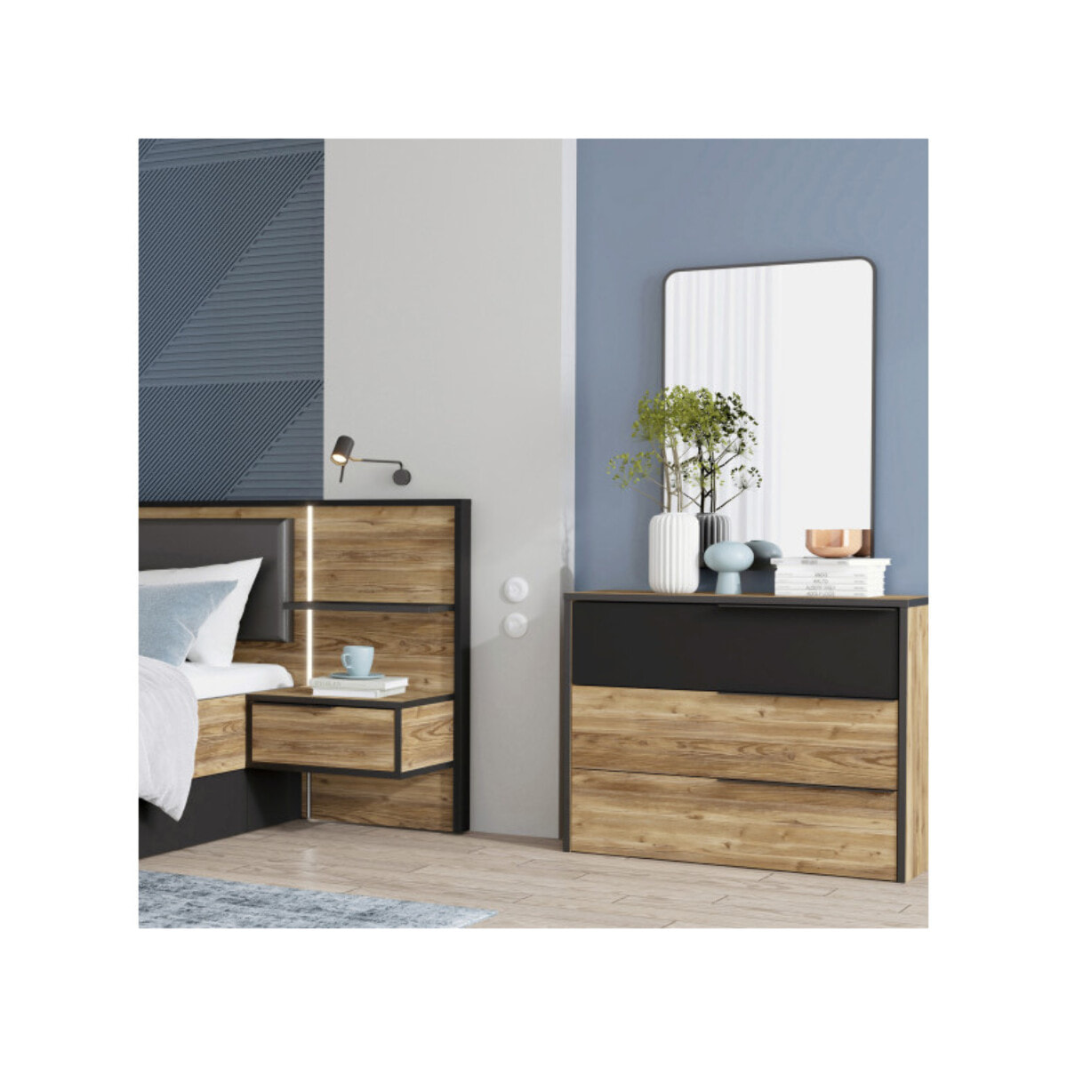 Commode H80 cm 3 tiroirs décor bois épicéa et noir mat -YAL
