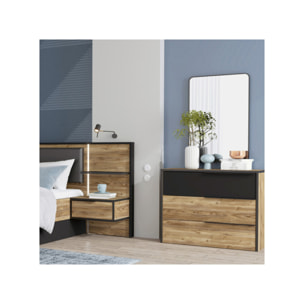 Commode H80 cm 3 tiroirs décor bois épicéa et noir mat -YAL