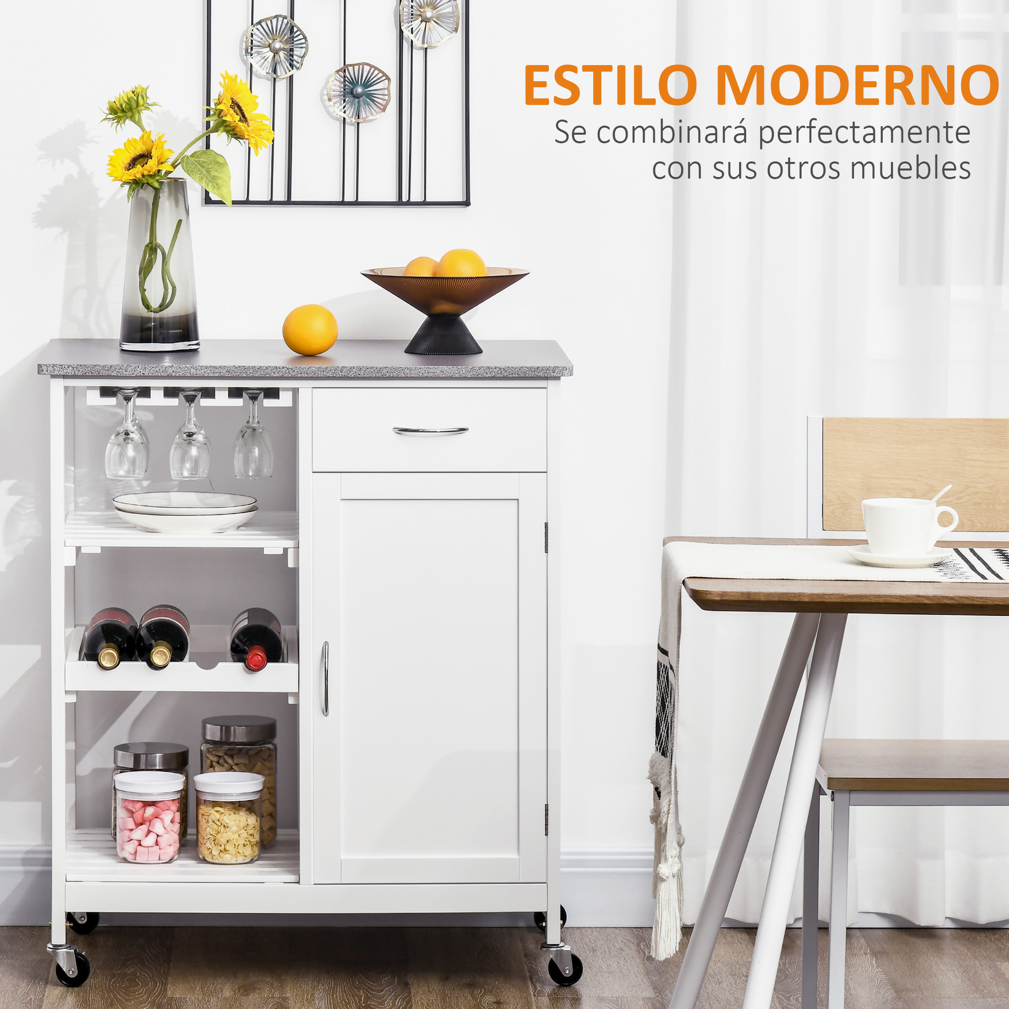 HOMCOM Carro de Cocina con Ruedas Carrito de Servicio con 1 Cajón Estantes Extraíbles Botellero para 4 Botellas y Armario para Comedor Salón Carga 40 kg 76x48x88 cm Blanco