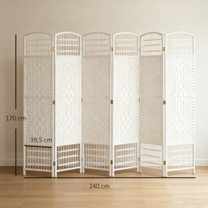 HOMCOM Biombo Plegable de 6 Paneles, 240x170 cm, Biombo Separador de Ambientes de Cuerda de Papel, Marco de Madera, Decoración para Dormitorio, Salón, Blanco
