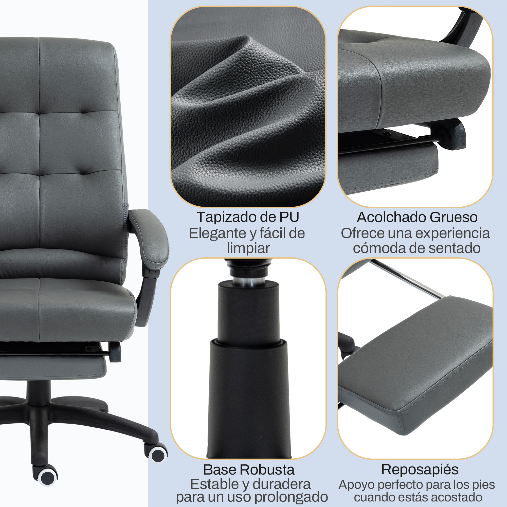 Silla de Oficina Giratoria Silla de Escritorio Reclinable Silla de Estudio Tapizada de PU con Altura Ajustable Reposabrazos Reposapiés 65x65x118-125 cm Gris Oscuro