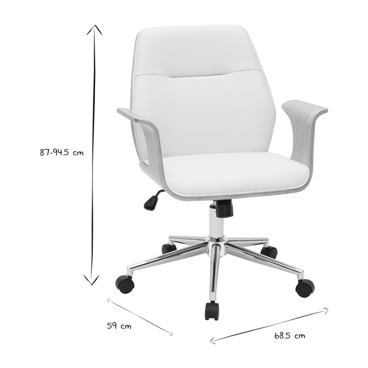 Chaise de bureau à roulettes design blanc, bois clair et acier chromé RUFIN