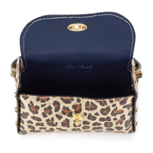 Aquileia bolso de mano mujer. Piel auténtica Gamuza con estampado animal print leopardo lacada brillante.