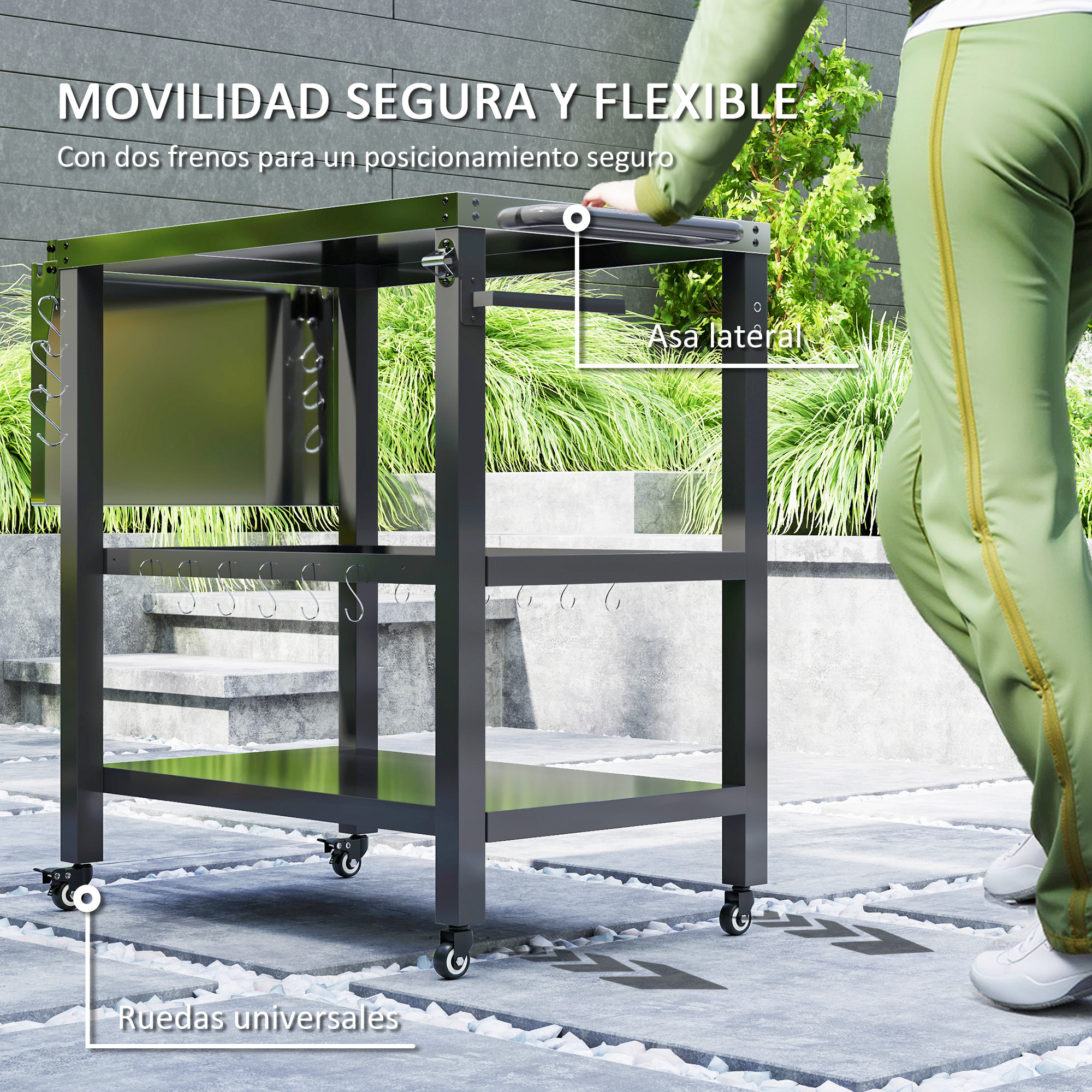 Carrito de Parrilla de 3 Niveles Carrito de Barbacoa Carro de Servicio con Ruedas Estantes Encimera de Acero Inoxidable Lateral Plegable y Asa Mesa de Horno de Pizza para Jardín Patio Negro