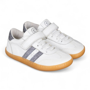 DEPORTIVA BAREFOOT CHETTO PIEL CON DOBLE FRANJA ANIMAL BLANCO - PLATA
