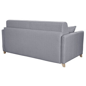 Canapé convertible 3 places en tissu gris clair et bois clair avec matelas 18 cm SKANDY