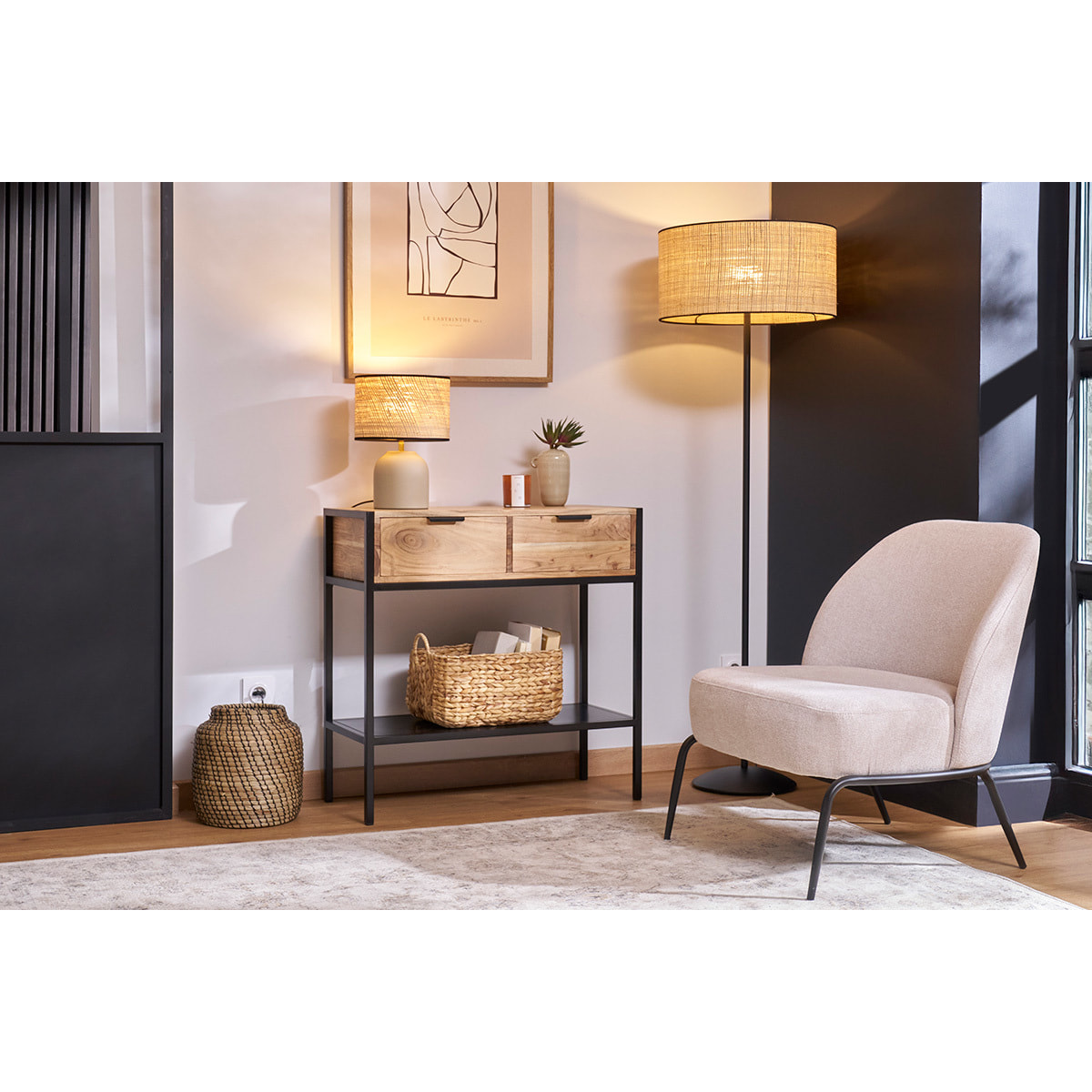 Console avec rangements 2 tiroirs en bois massif et métal noir L80 cm ARTHUS