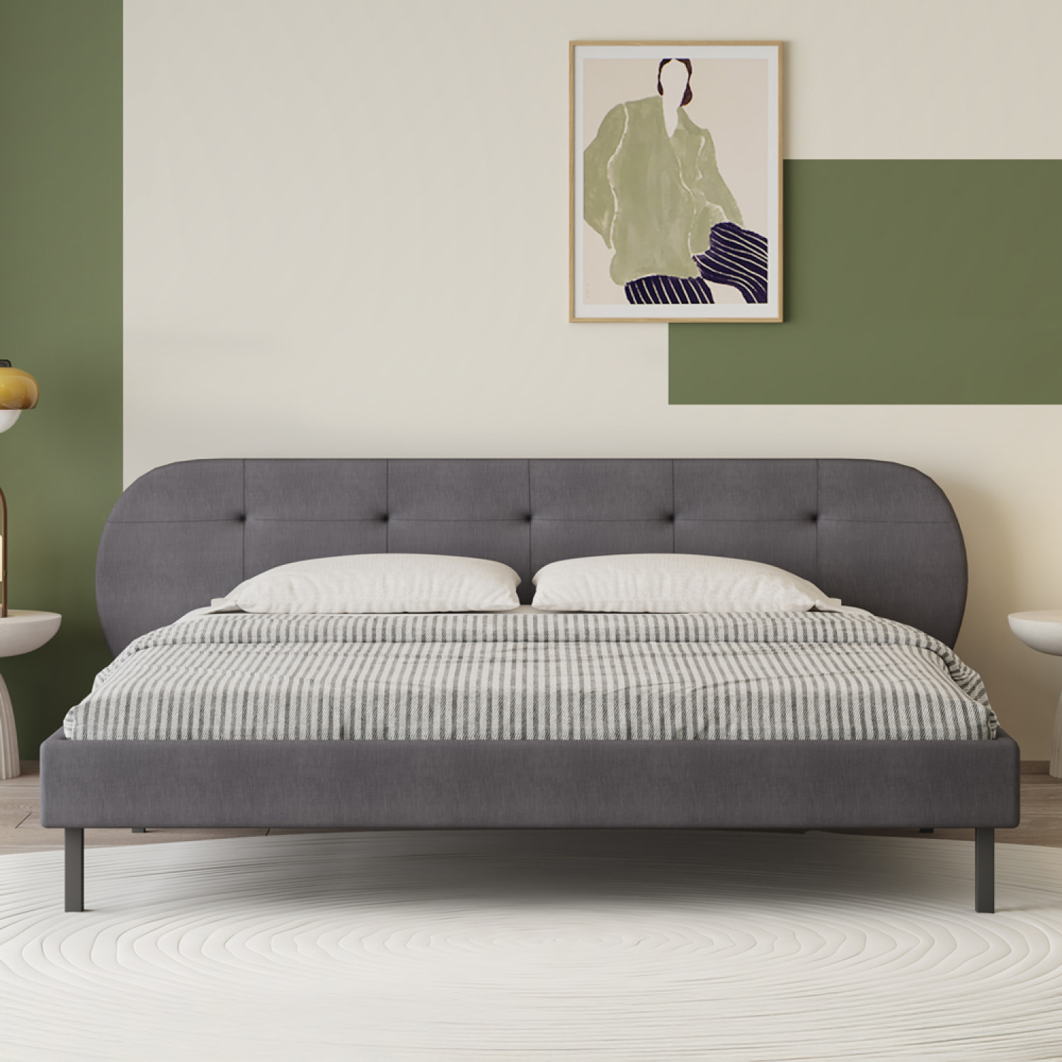 RENO Lit capitonné 140x190cm gris avec tête de lit et sommier