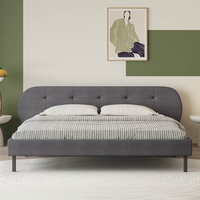 RENO Lit capitonné 140x190cm gris avec tête de lit et sommier