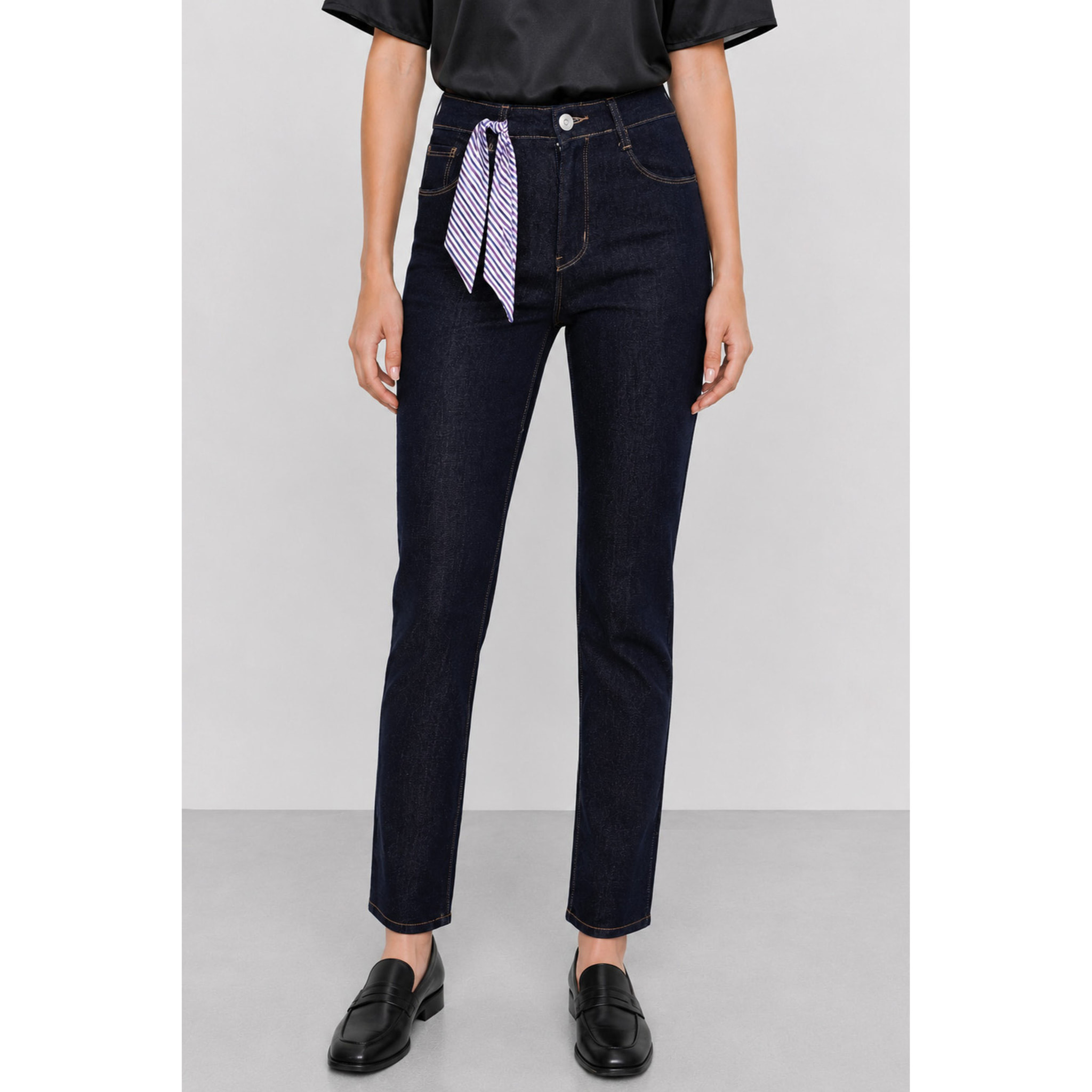 Kocca - Pantaloni in denim a vita alta con cintura a righe Donna
