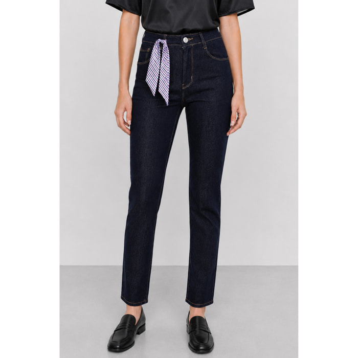 Kocca - Pantaloni in denim a vita alta con cintura a righe Donna