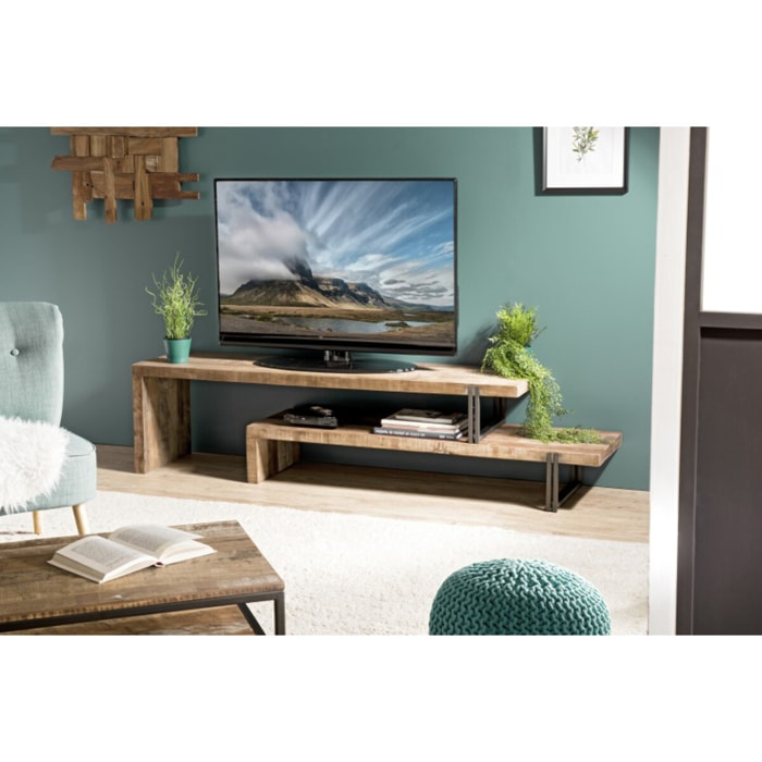 SIXTINE - Meuble TV marron 2 niveaux Teck recyclé Acacia Mahogany recyclé et métal noir