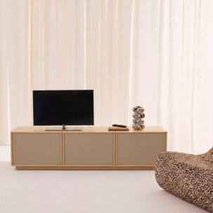Meuble TV décor bois et tissu 3 portes 180cm KUBA