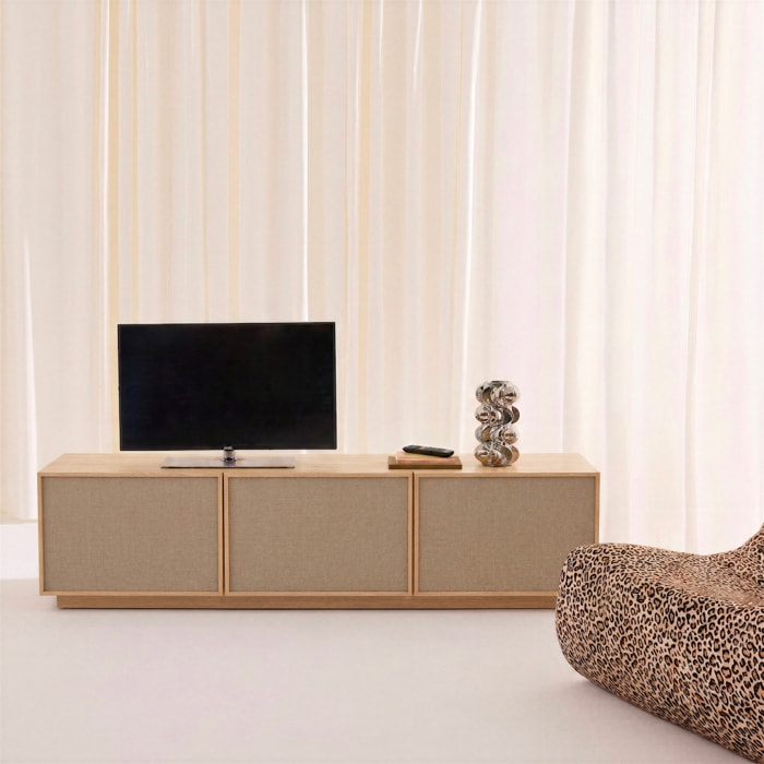 Meuble TV décor bois et tissu 3 portes 180cm KUBA