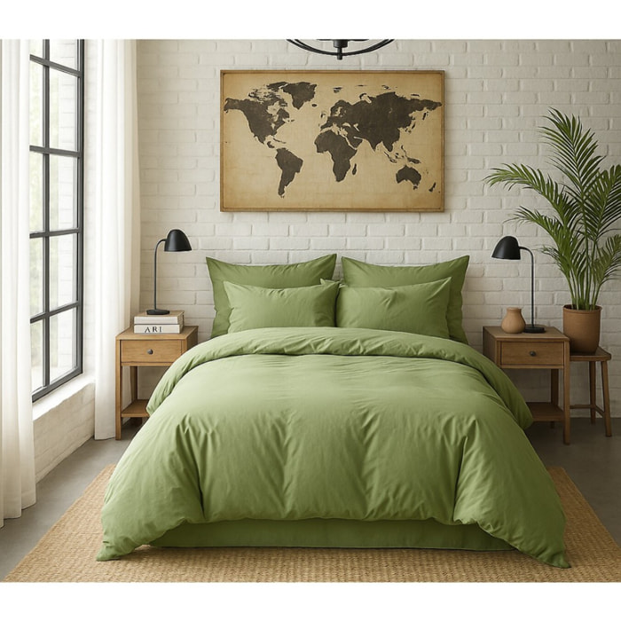 Paire de Taies D'oreiller Avec Volant 100% Percale De Coton Lavé Vert D'eau