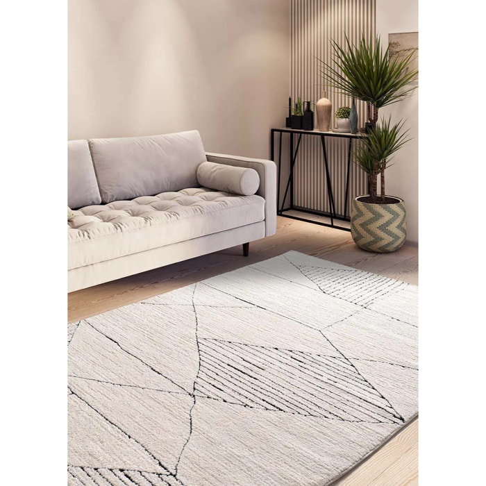 TURIN Alfombra étnica con relieve en blanco y negro, varias medidas disponibles