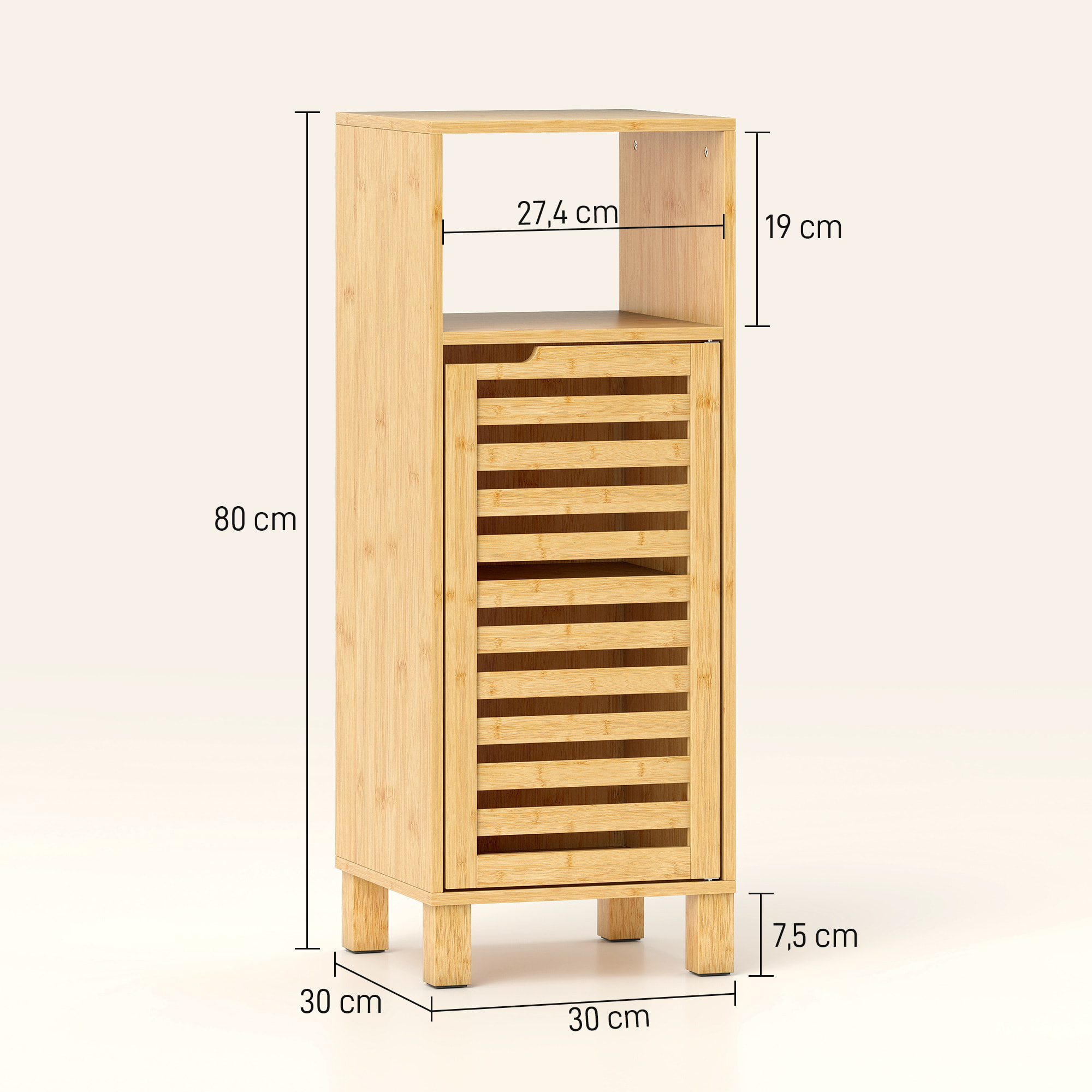 Armario de Baño de Bambú, Columna de Baño Estrecha con Estante Abierto, Puerta de Lamas, Estante Ajustable, 30x30x80 cm, Natural