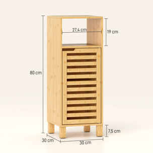 Armario de Baño de Bambú, Columna de Baño Estrecha con Estante Abierto, Puerta de Lamas, Estante Ajustable, 30x30x80 cm, Natural
