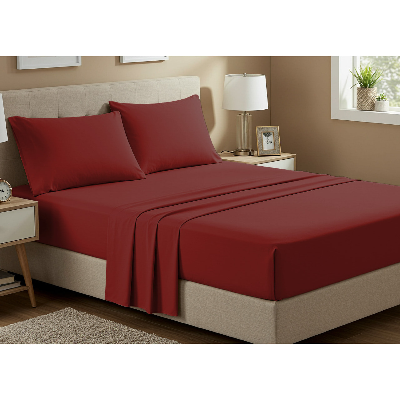 Completo Lenzuola No Stiro In Tinta Unita Con Angolo H.27 cm Colore Bordeaux
