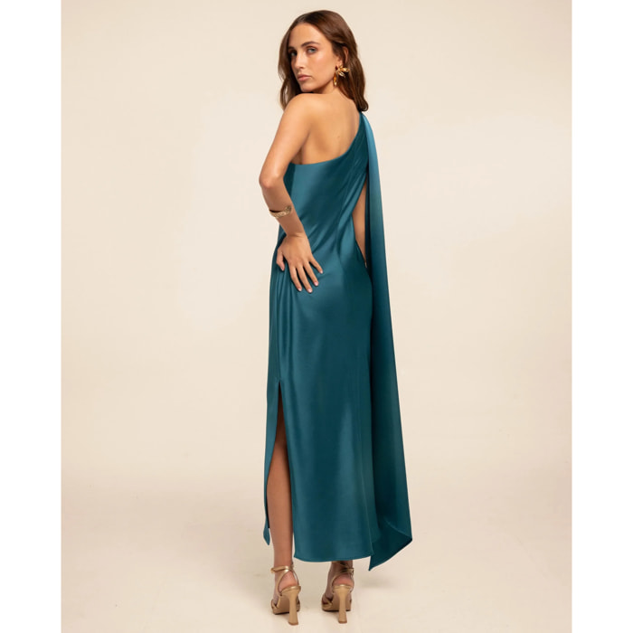 Vestido midi satinado con escote asimétrico y lazada