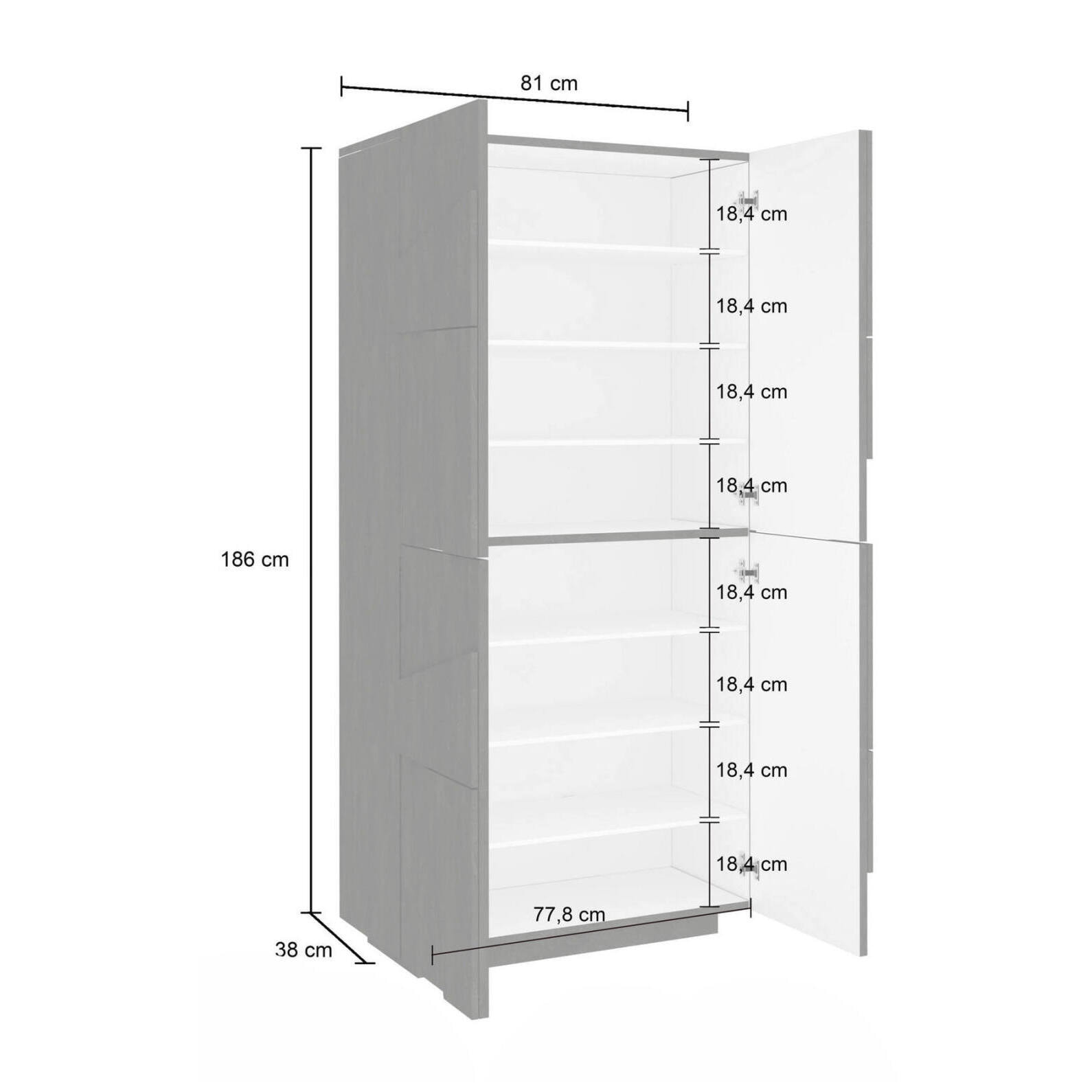 Scarpiera moderna, Made in Italy, a 4 ante battenti, Portascarpe da ingresso, Mobile multiuso, cm 81x38h167, colore Grigio Cenere