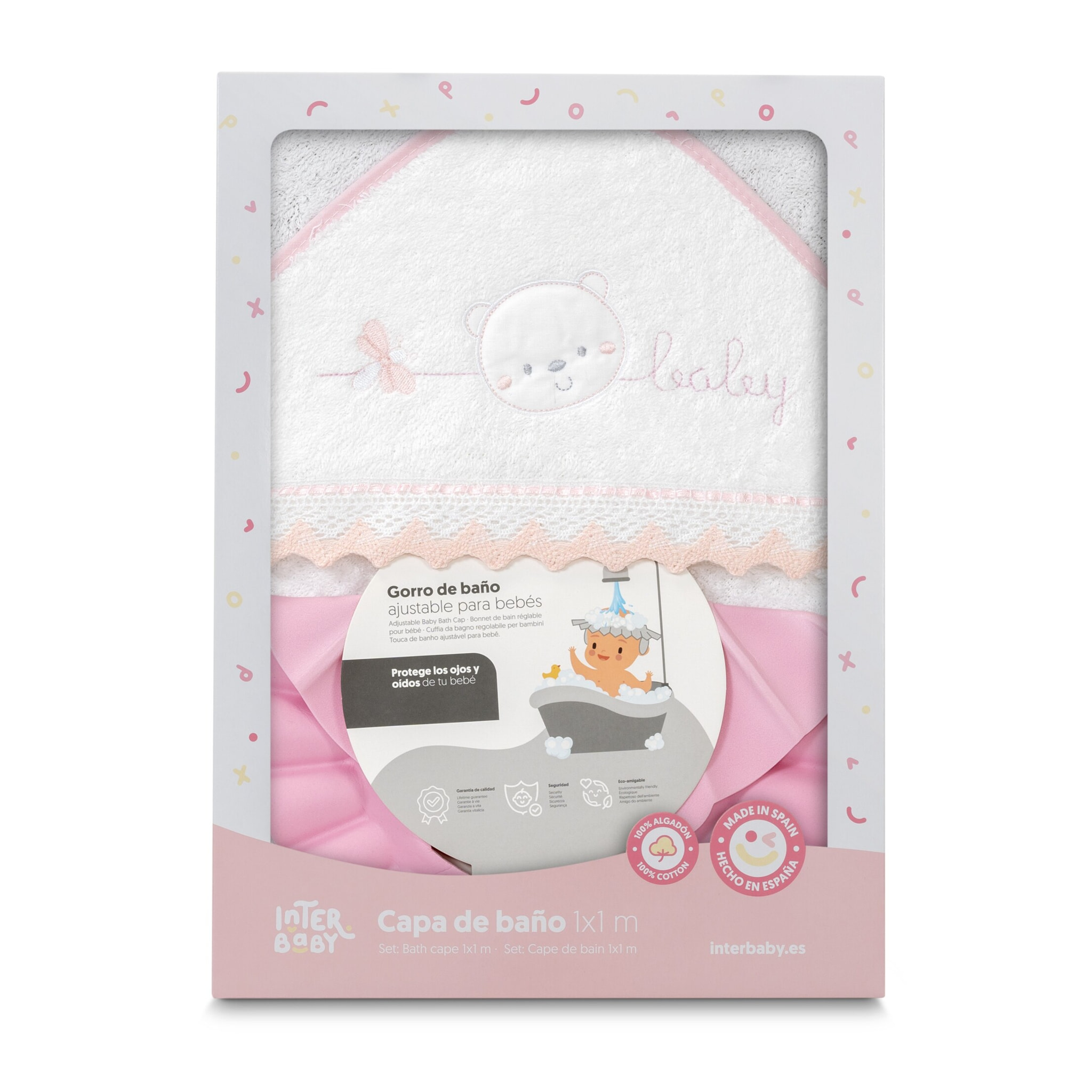 Capa Baño 1X1 Mod Carita Oso Baby Guipur+ Gorro Bco/Rosa