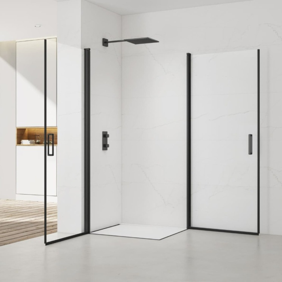 Fusion Portes de douche acces en angle pivotantes 100x80cm anticalcaire avec profilés noir mat (SATFUD10080C-SET)