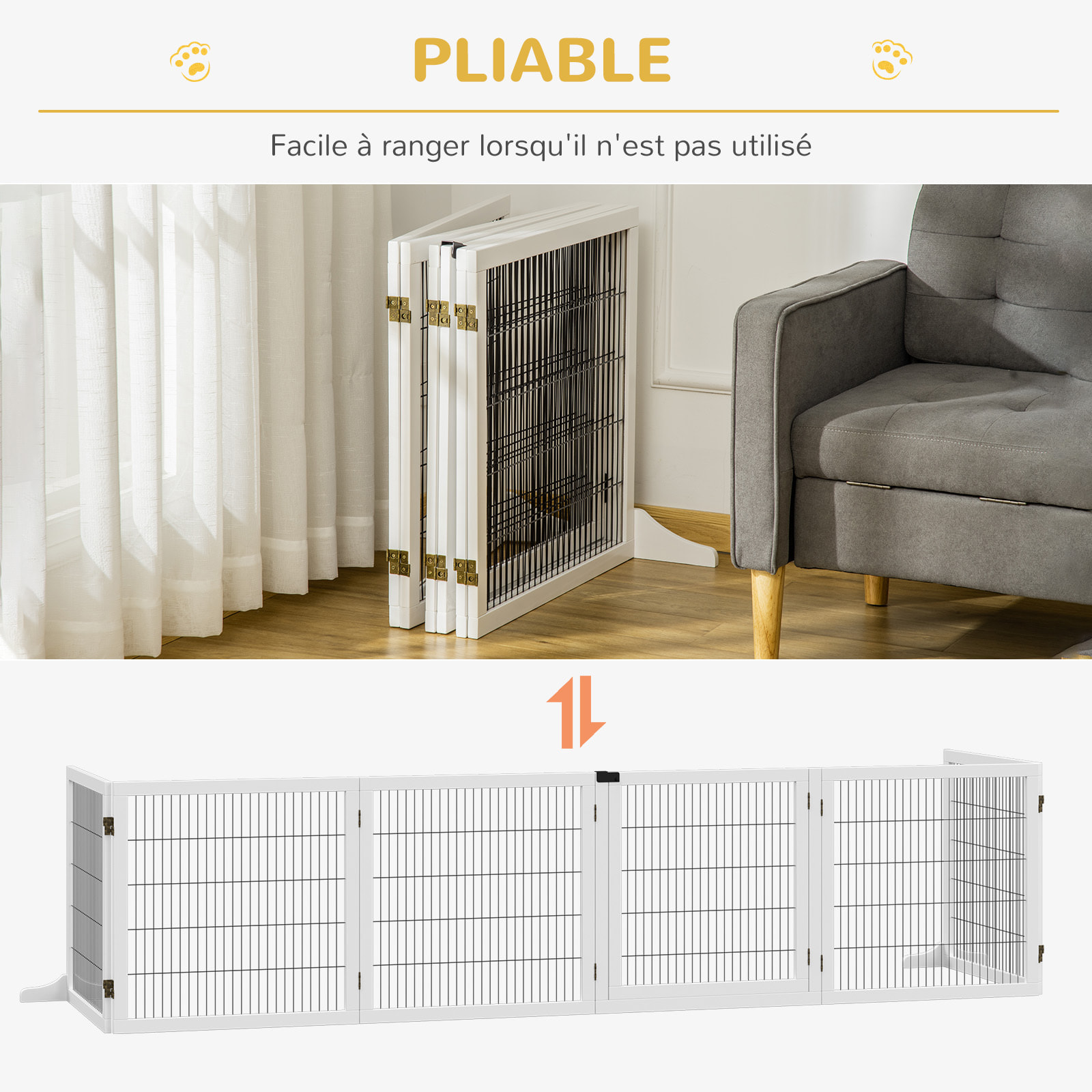 Barrière de sécurité parc enclos chien modulable pliable porte verrouillable intégrée 5 panneaux grillage acier noir bois de pin blanc