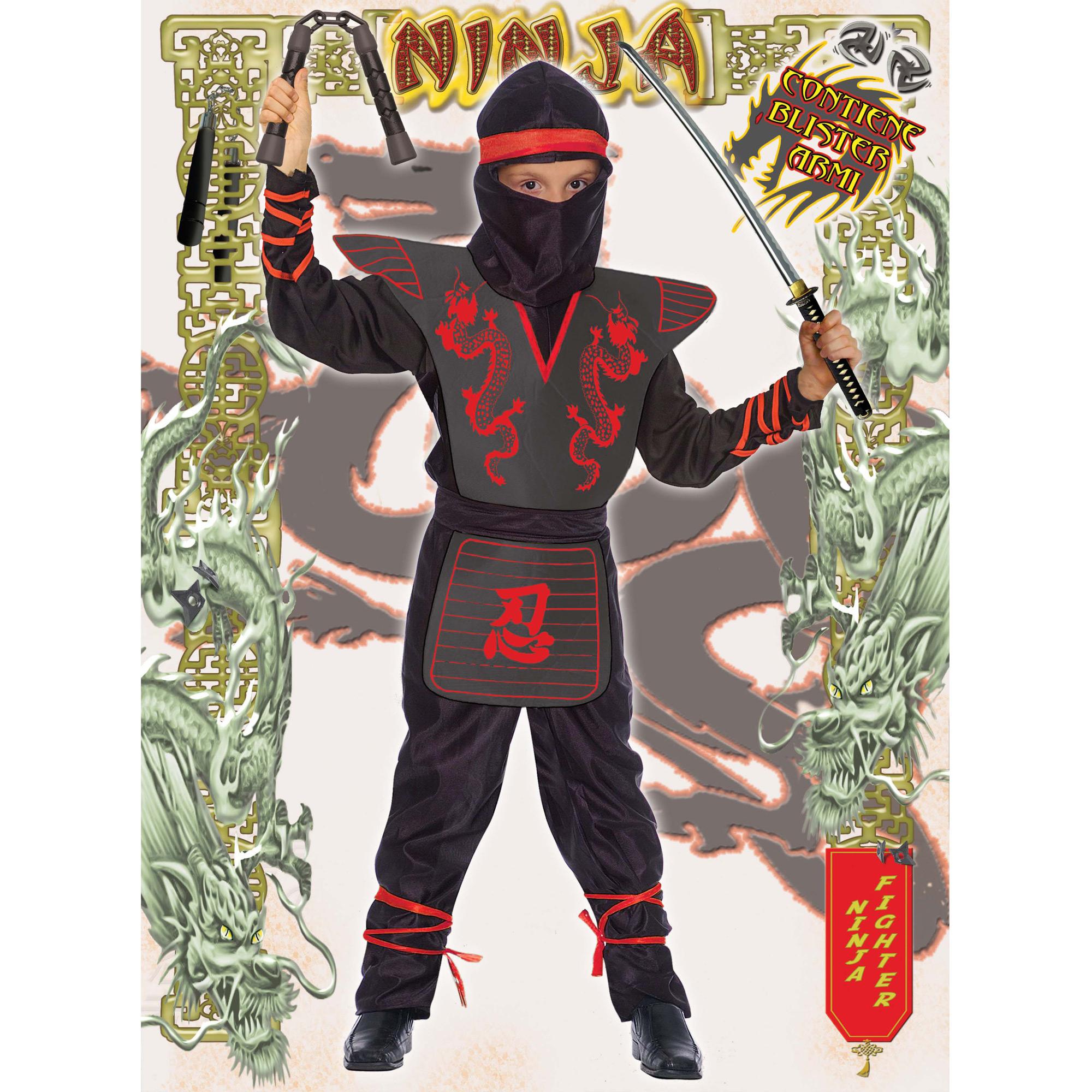 Costume Carnevale Ninja Fighter Con Kit Armi Nero Rosso Bambino