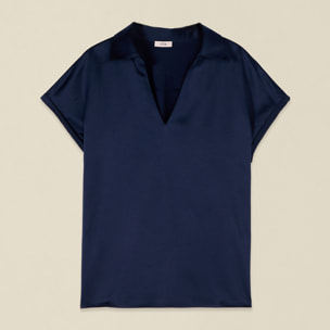 Oltre - T-shirt bimaterica con scollo a V - Blu